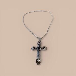 Ornate Silver Cross Pendant Necklace
